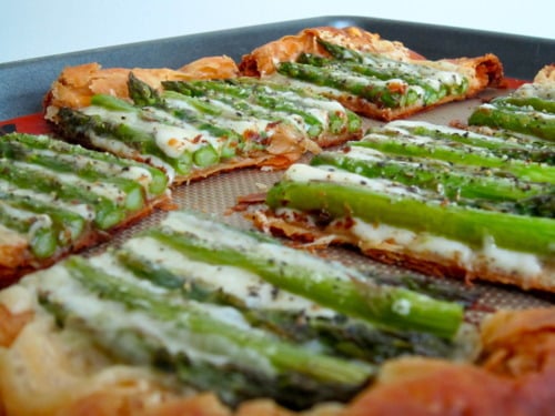 Asparagus and melted Gruyère on a crisp puff-pastry tart.