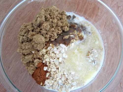 oats, brown sugar, cinnamon, butter and buttermilk in a large bowl ready to combine