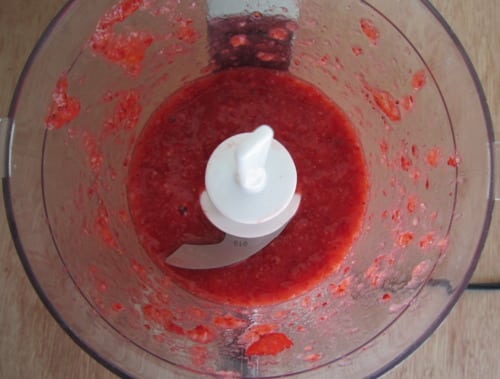 Strawberry purée blended in a food processor.