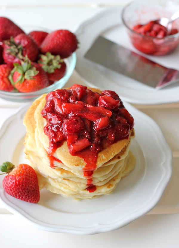 Buttermilk Pancakes with Strawberry Sauce - Start your mornings off right with these fluffy, melt-in-your-mouth pancakes!