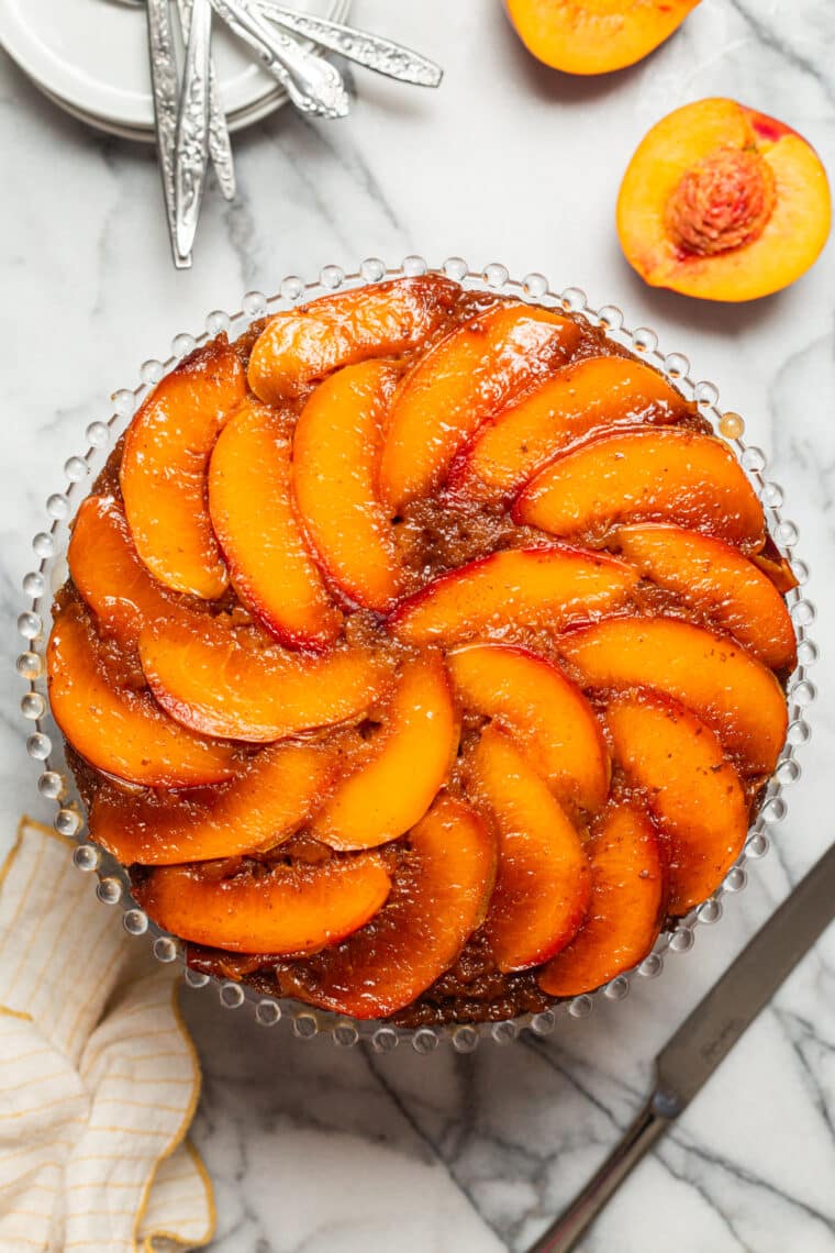 Nectarine Upside-Down Cake - Moist, tender cake with ripe, juicy nectarines or peaches! So pretty and so good. Bonus: the caramelized edges!