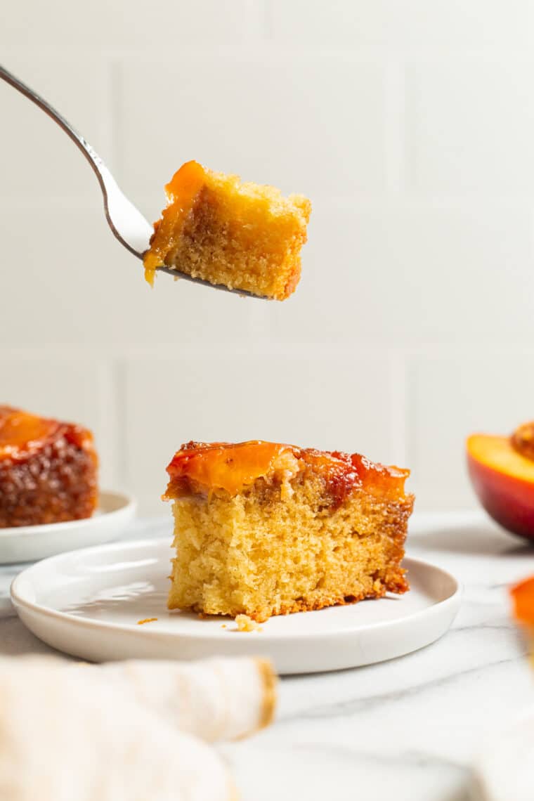 Nectarine Upside-Down Cake - Moist, tender cake with ripe, juicy nectarines or peaches! So pretty and so good. Bonus: the caramelized edges!