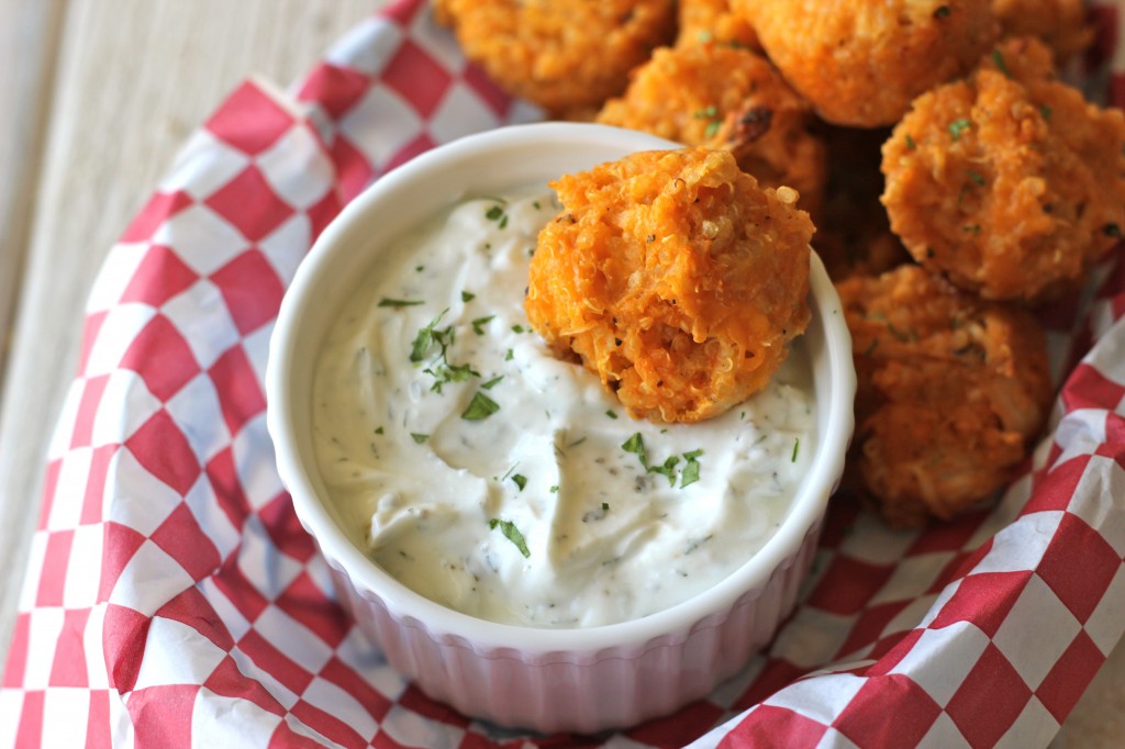 Buffalo Chicken Quinoa Bites with Greek Yogurt Blue Cheese Dip - These quinoa bites are perfect for snacking or as a party appetizer!