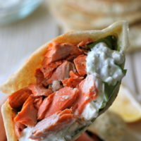Broiled Salmon Gyros with Cucumber Feta Yogurt Dip