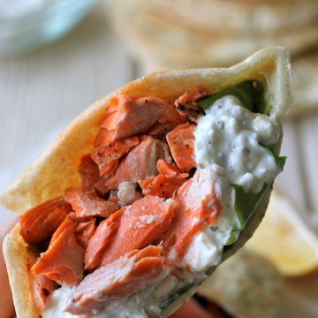 Broiled Salmon Gyros with Cucumber Feta Yogurt Dip