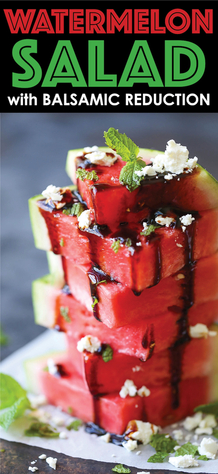 Watermelon Salad with Balsamic Reduction - A refreshing mix of watermelon wedges with fresh mint and goat cheese - the perfect way to cool down this summer!