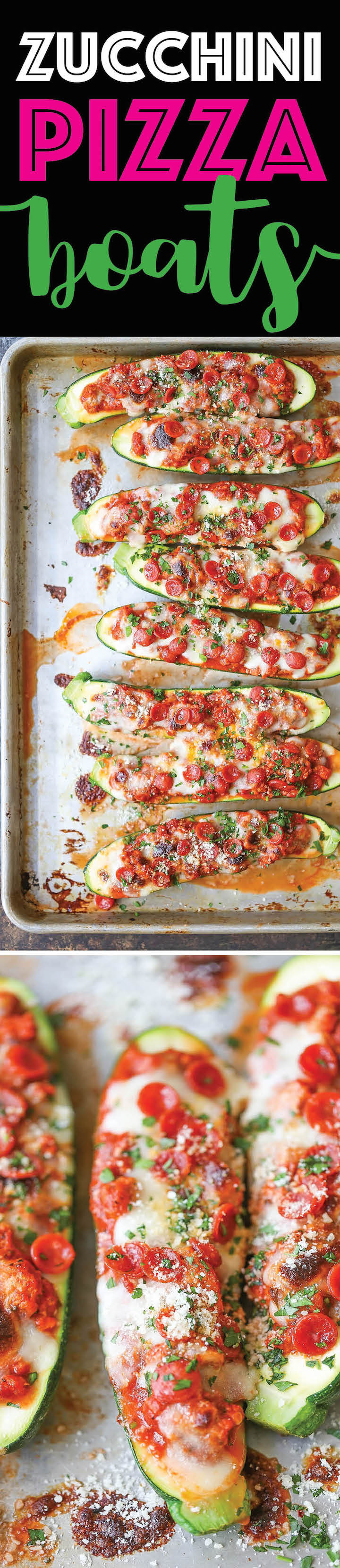 Pizza Stuffed Zucchini Boats - All the flavors of pizza neatly packed in healthy, nutritious zucchini boats! It's cheesy comfort without any of the guilt!