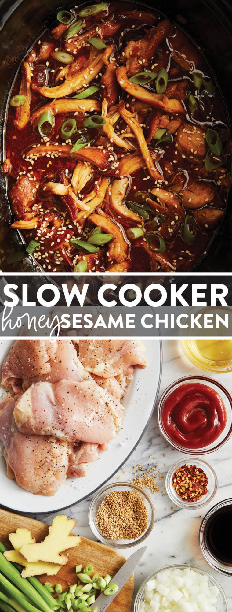 Slow Cooker Honey Sesame Chicken - Dump everything in the crockpot for a family-friendly meal! Best served over rice. Sweet, savory & so easy.