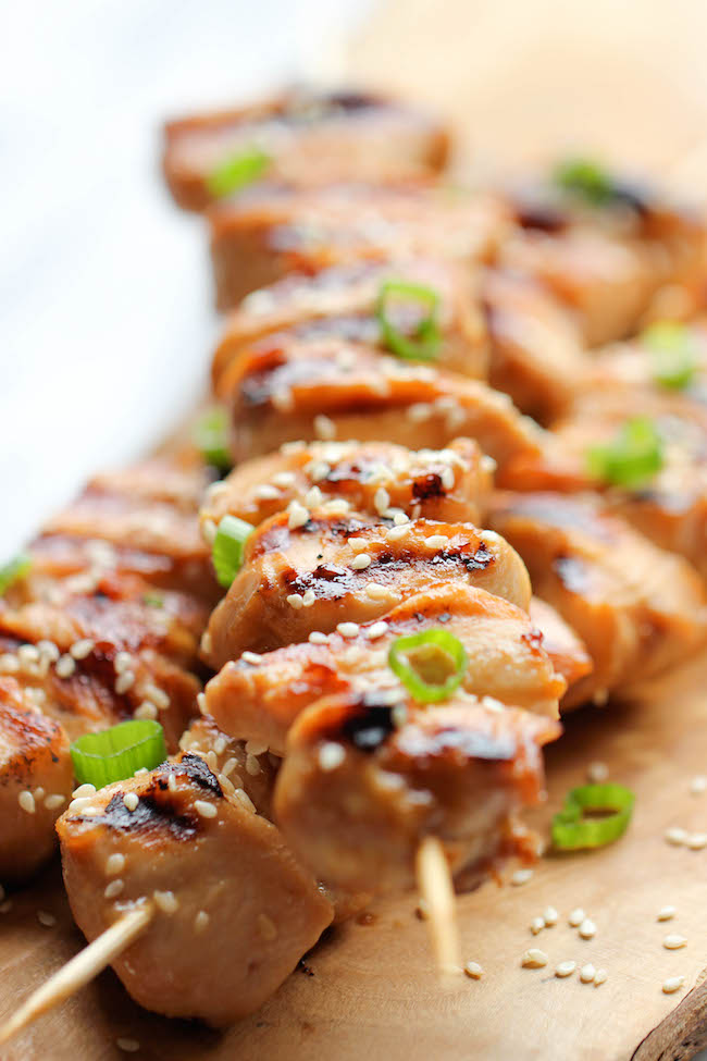 Chicken Teriyaki Kabobs - These savory sweet chicken kabobs are unbelievably easy to make and they're so perfect for game day!