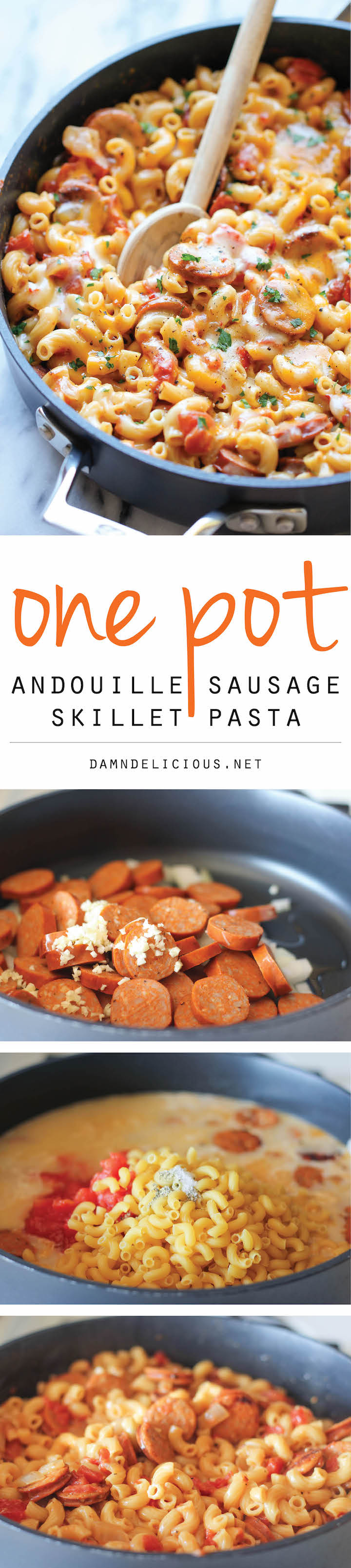 One Pot Andouille Sausage Skillet Pasta - This dish comes together so easily in one skillet. Even the pasta gets cooked right in the pan!