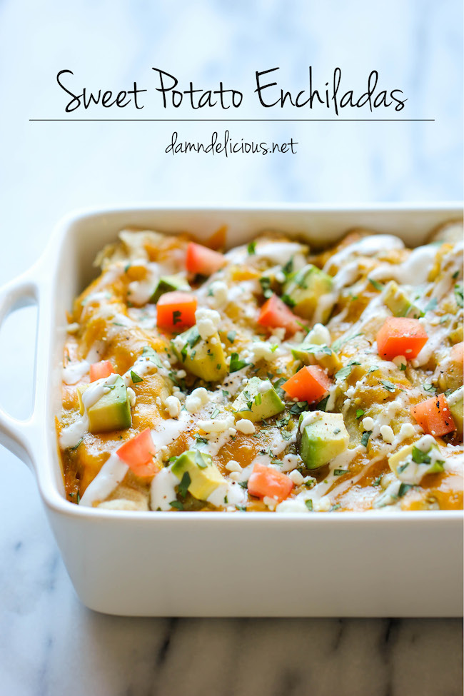 Sweet Potato Enchiladas - These cheesy enchiladas are loaded with tender sweet potato, black beans, and salsa verde goodness!