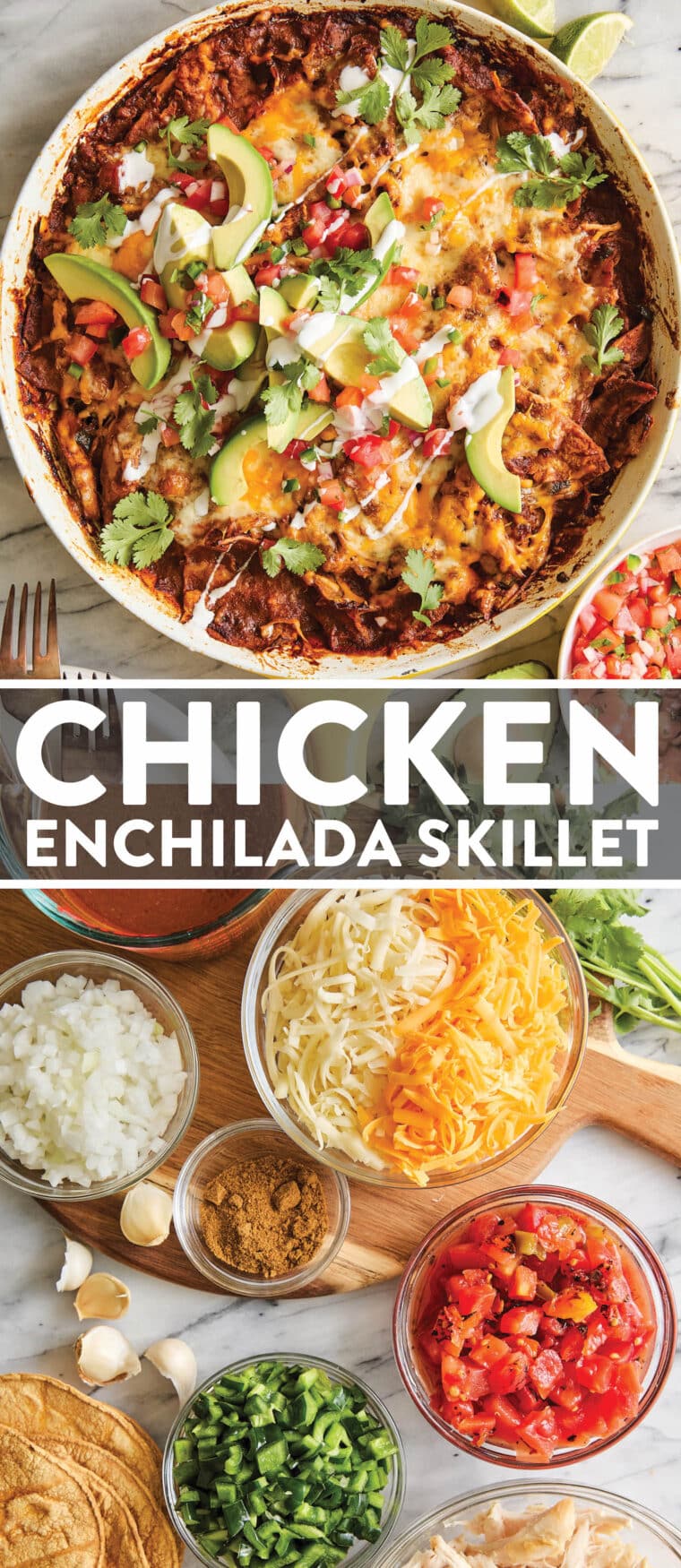 Chicken Enchilada Skillet - A quick, easy one pot dinner to feed a crowd! No rolling, no folding! Serve with your favorite toppings. SO GOOD!