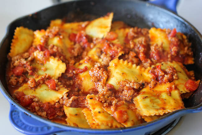 Ravioli and Italian Sausage Skillet - Cheesy comfort food at its best made in less than 30 min. You can't beat that!