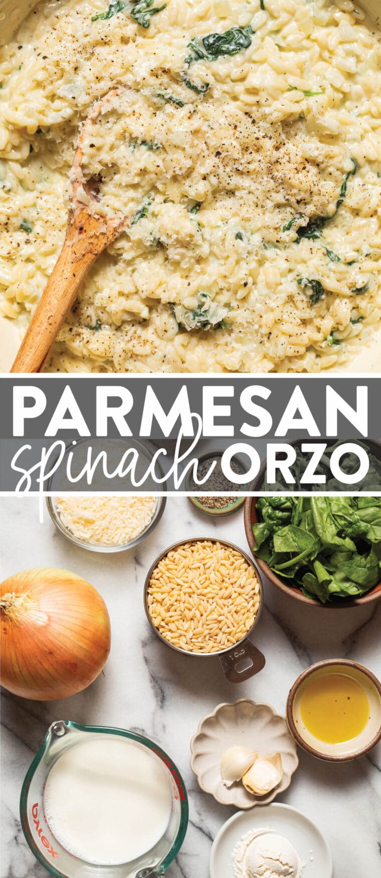 Parmesan and Spinach Orzo - This creamy, velvety orzo side dish is quick and easy + will go with any main dish! An absolute family-favorite.