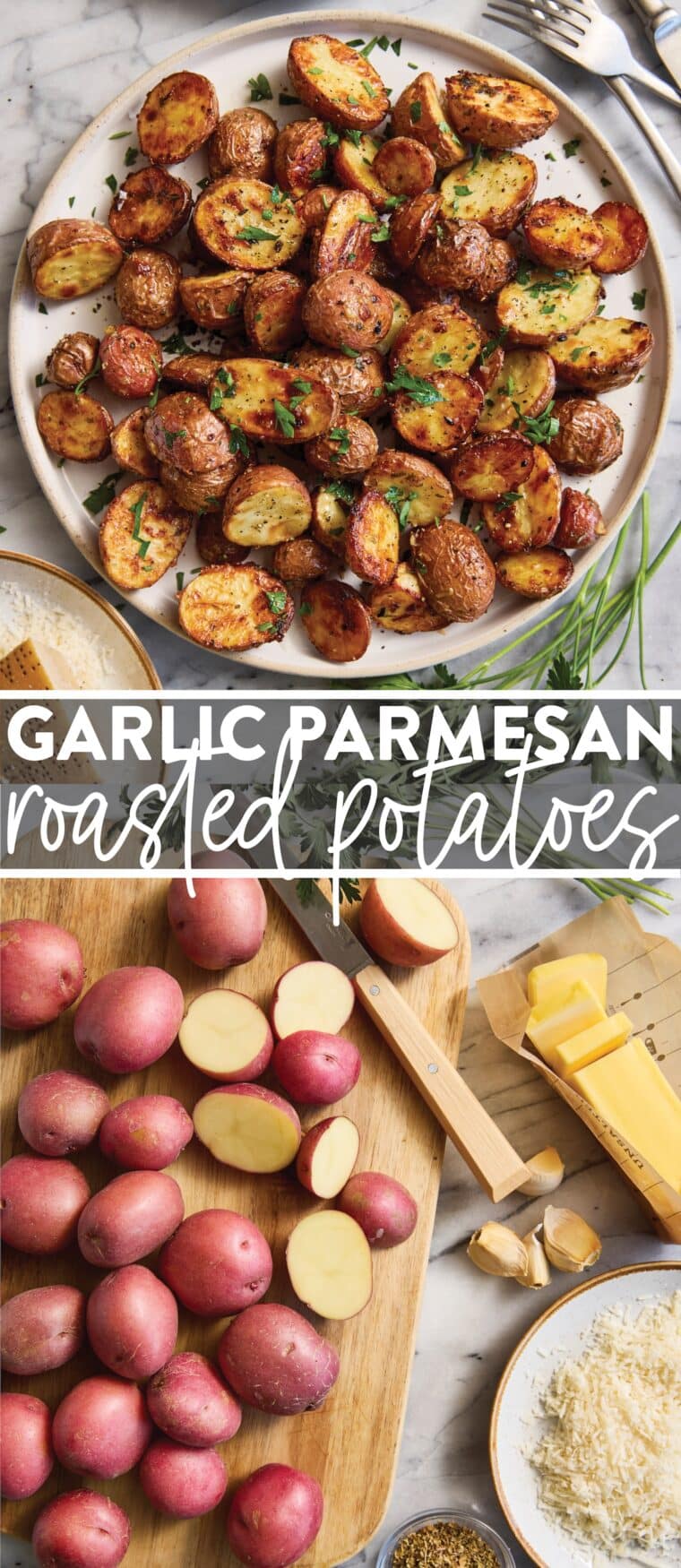 Garlic Parmesan Roasted Potatoes - Perfectly crisp-tender garlicky, buttery roasted potatoes. The most perfect side dish for all your meals!