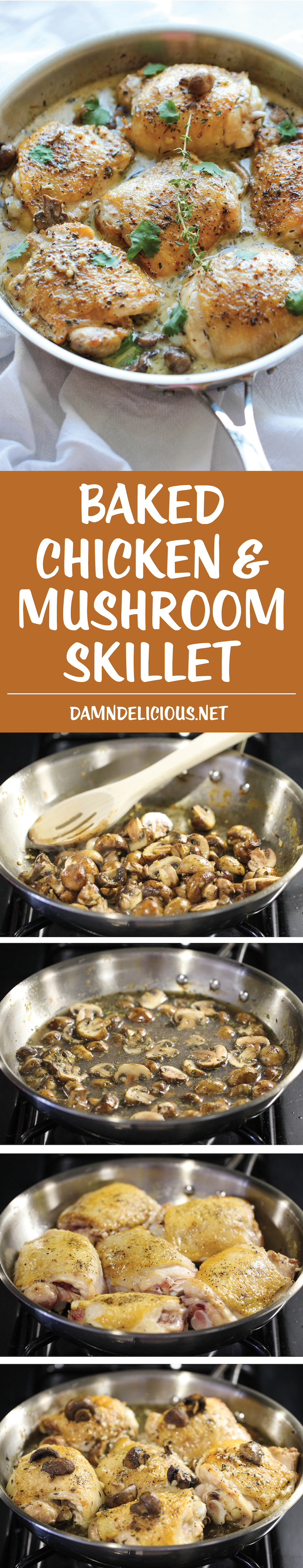 Baked Chicken and Mushroom Skillet - The most flavorful chicken topped with the creamiest mushroom sauce. An easy meal for those busy weeknights!