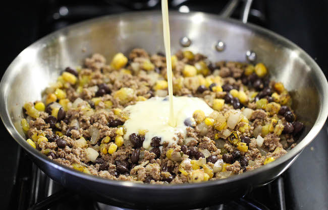 Easy Taco Pie - The easiest, cheesiest pie you will ever make in a single skillet in just 30 min - perfect for those busy weeknights and picky eaters!