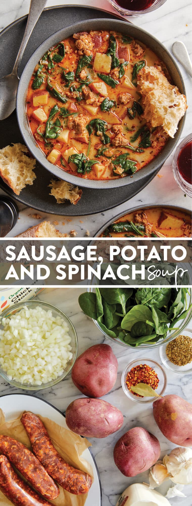 Sausage, Potato and Spinach Soup - Hearty, comforting, and done in 30 min. Made with crumbled sausage, tender potatoes and sneaked in greens!