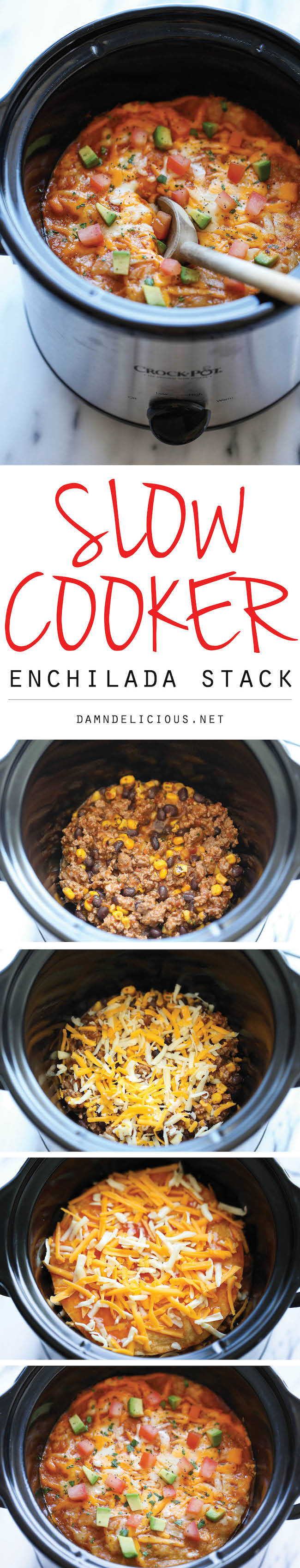 Slow Cooker Enchilada Stack - Simply turn on your crockpot and forget all about it until you have the cheesiest and creamiest enchiladas ever! It's so easy!