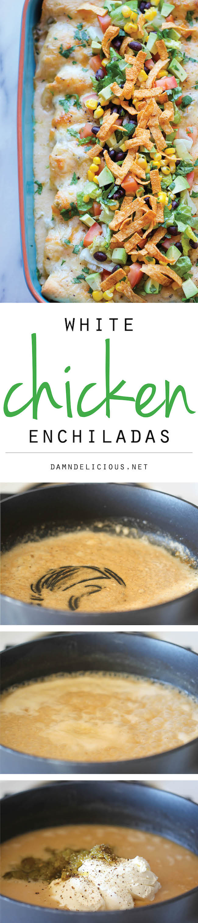 White Chicken Enchiladas with Green Chile Sour Cream Sauce - These enchiladas have the easiest cream sauce you could ever make!