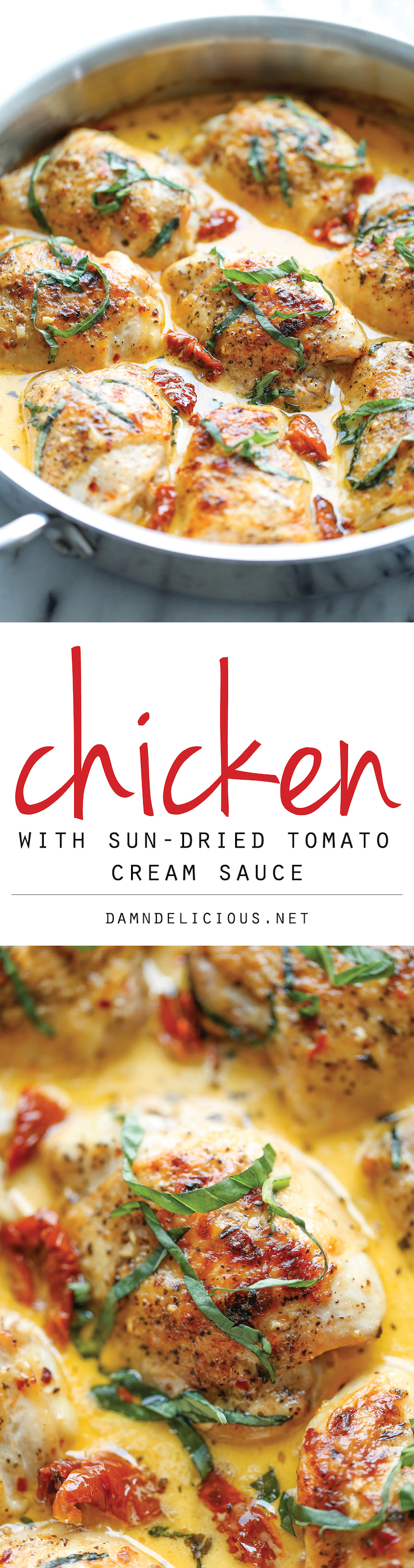 Chicken with Sun-Dried Tomato Cream Sauce - Crisp-tender chicken in the most amazing cream sauce ever. It's so good, you'll want to guzzle down the sauce!