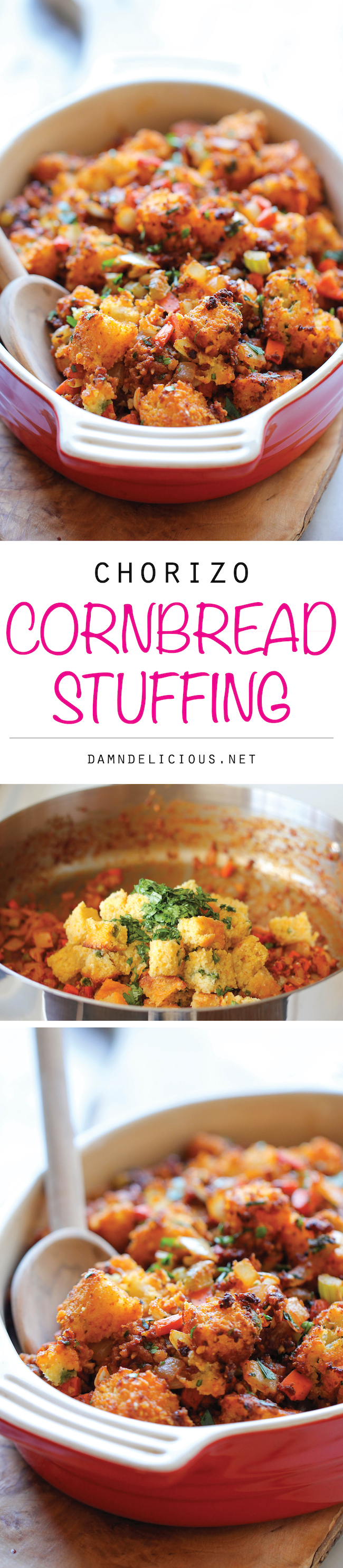 Chorizo Cornbread Stuffing - An easy, no-fuss, make-ahead crumbly stuffing with a kick of heat that the whole family will go crazy for!