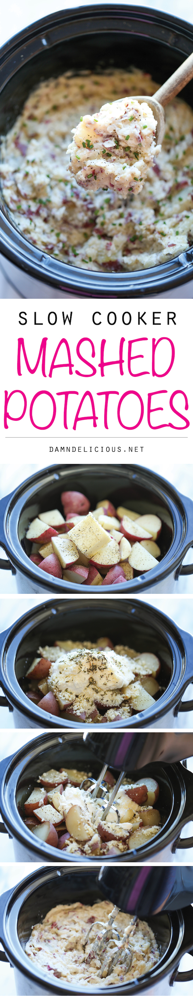 Slow Cooker Garlic Mashed Potatoes - The easiest mashed potatoes you will ever make. Just throw it all in the crockpot and you're set. Easy peasy!