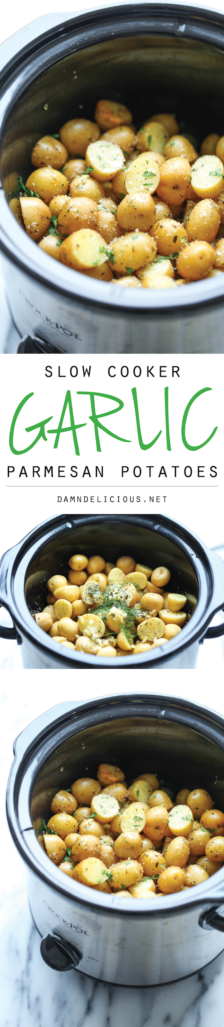 Slow Cooker Garlic Parmesan Potatoes - Crisp-tender potatoes with garlicky parmesan goodness. It's the easiest side dish you will ever make in the crockpot!
