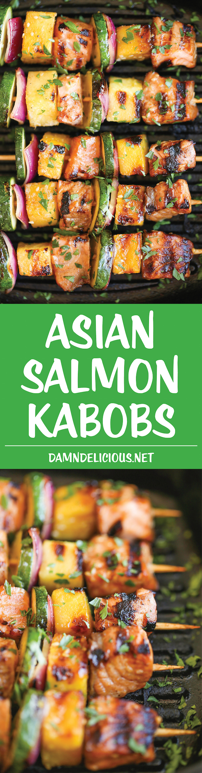 Asian Salmon Kabobs - These salmon kabobs are easy to make, hearty, light and healthy. And they're packed with tons of vibrant flavors! 368.1 calories.
