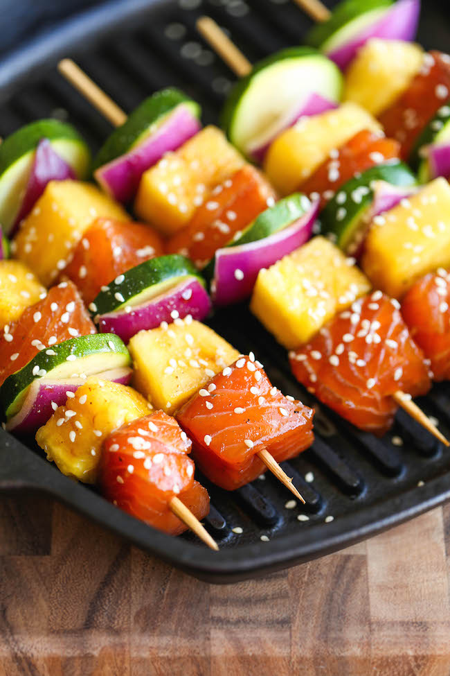 Asian Salmon Kabobs - These salmon kabobs are easy to make, hearty, light and healthy. And they're packed with tons of vibrant flavors! 368.1 calories.