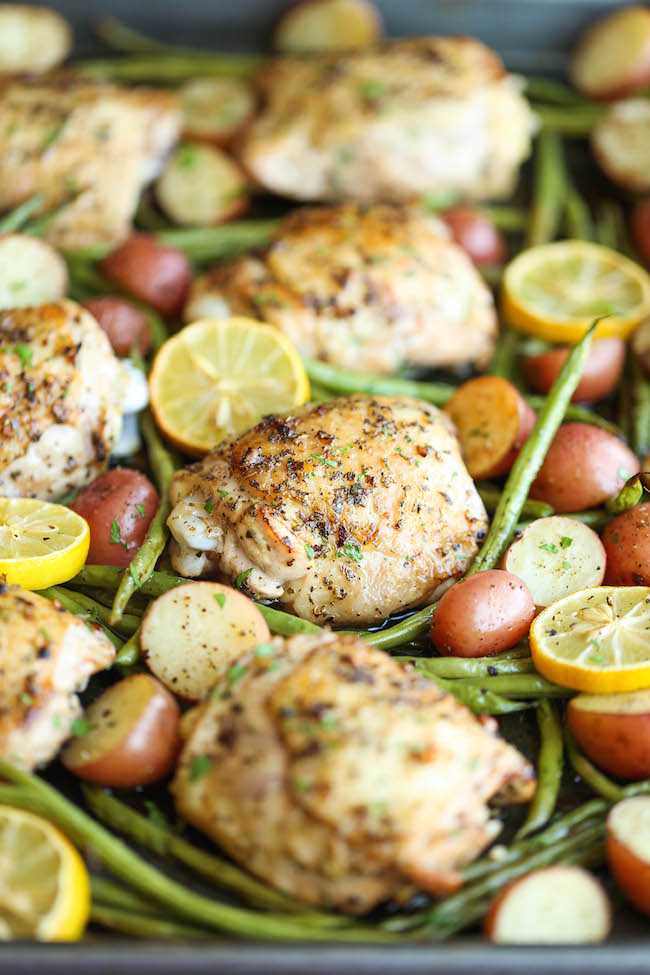 One Pan Greek Chicken - The easiest no-fuss weeknight meal with a simple Greek marinade - all cooked on a single pan with roasted potatoes and green beans!