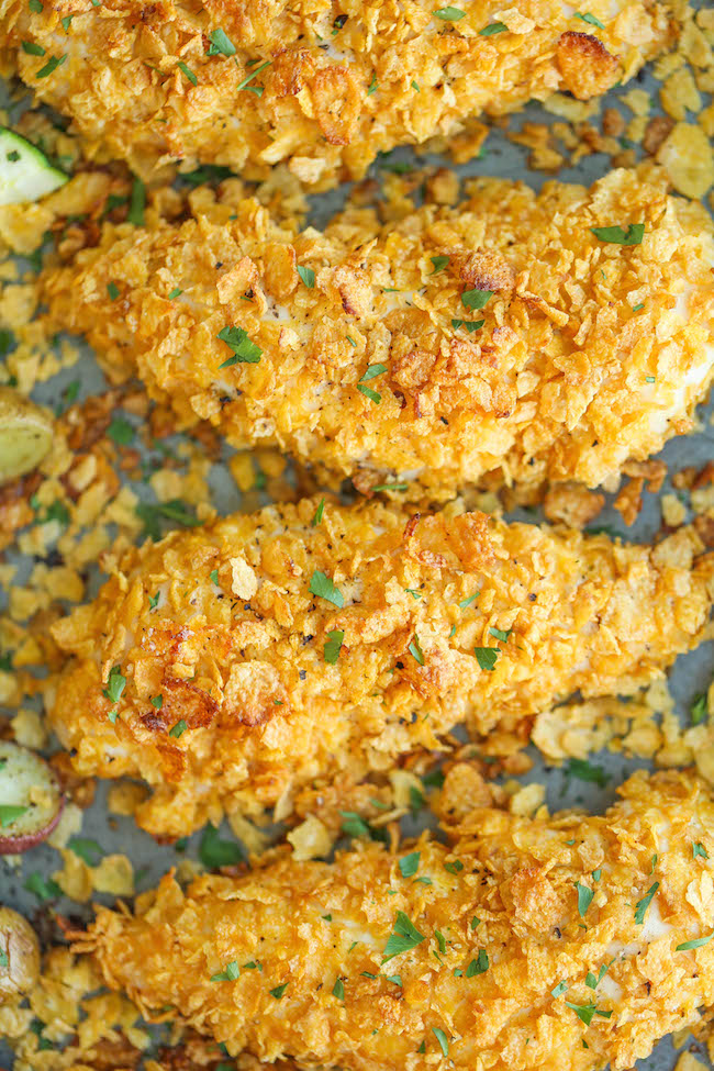 Baked Ranch Chicken Tenders and Veggies - No one will ever believe that these crisp chicken fingers are completely baked and cooked on ONE PAN with veggies!