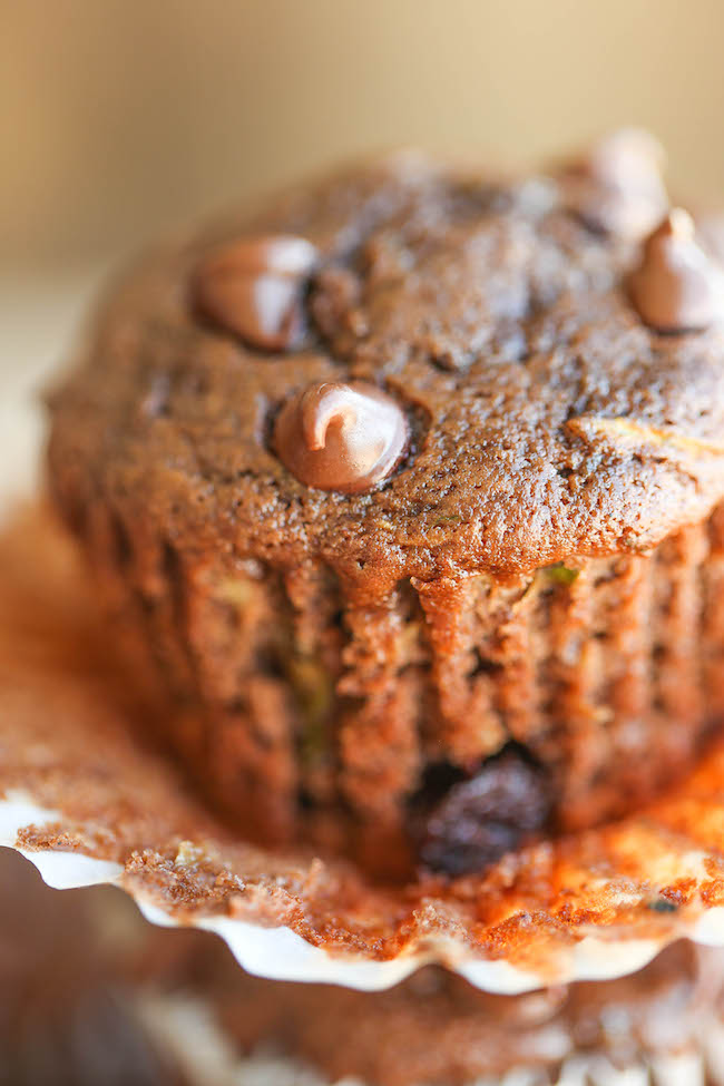 Double Chocolate Chip Zucchini Muffins - Quick, easy, AND healthy, loaded up with a double-dose of chocolate heaven. Perfect way to use up your zucchini!