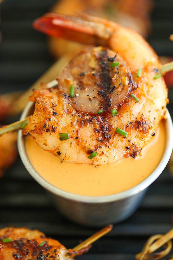 Cajun Shrimp and Sausage Skewers - These cute skewers are packed with juicy sausage and shrimp with homemade cajun seasoning. And the flavors are AH-MAZING!