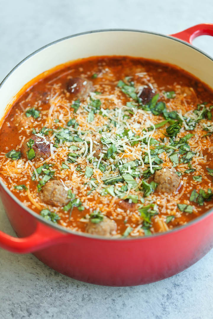 Spaghetti and Meatball Soup - Everyone's favorite dish is turned into the creamiest, coziest soup ever! Made in just 20 min. Kid and adult-friendly!