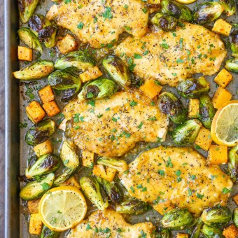 One Pan Lemon Chicken with Butternut Squash and Brussels Sprouts