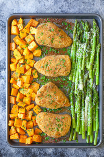 One Pan Baked Chicken with Butternut Squash and Parmesan Asparagus