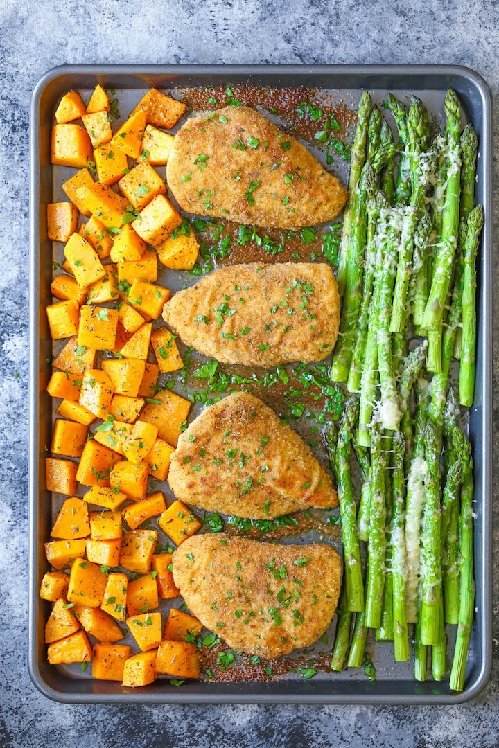 One Pan Baked Chicken with Butternut Squash and Parmesan Asparagus - An easy fool-proof sheet pan dinner! And the chicken comes out so moist and tender!