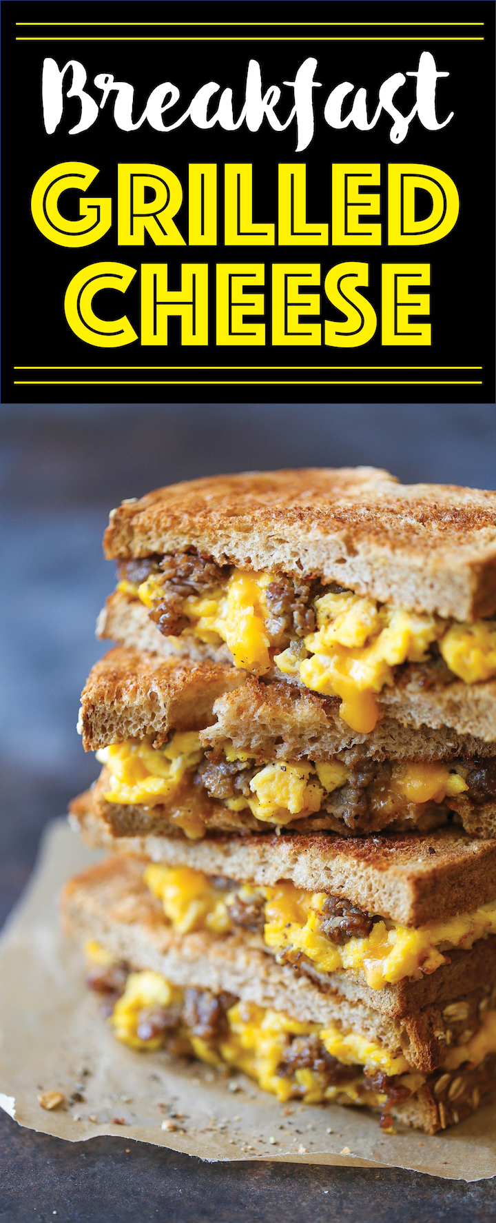Breakfast Grilled Cheese - The PERFECT excuse to have grilled cheese for breakfast - with scrambled eggs, sausage and of course, ooey gooey melted cheese!