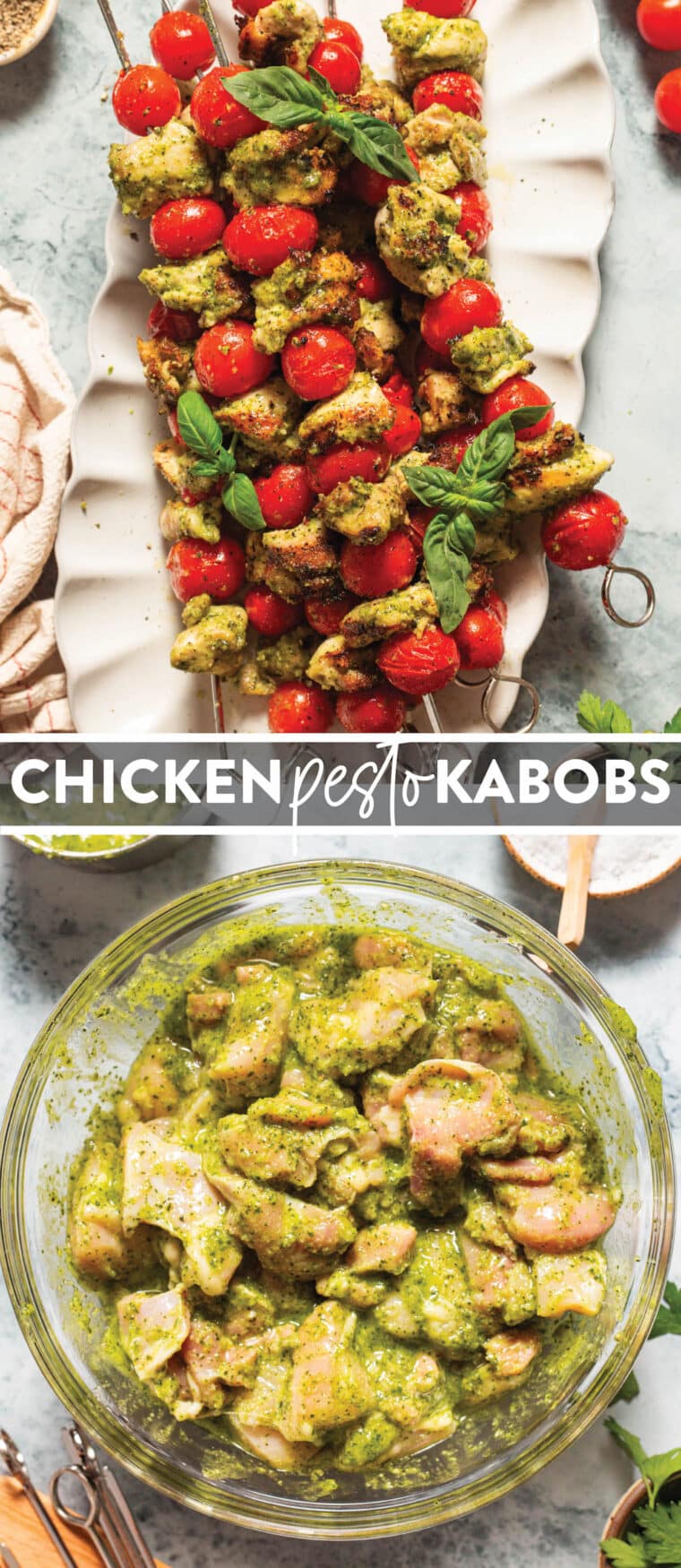 Chicken Pesto Kabobs - No-fuss easy peasy 4-ingredient kabobs! Make ahead of time (bake or grill) so you can whip this up anytime, anywhere!