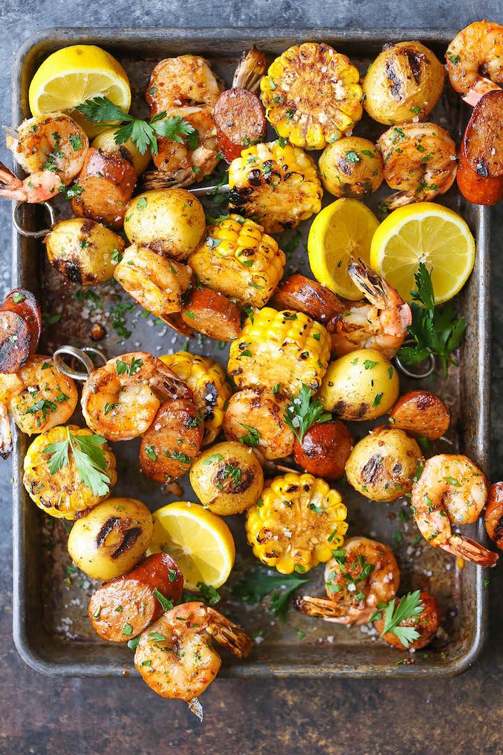 Shrimp Boil Kabobs - The classic shrimp boil is transformed into the tastiest kabobs yet! Can be grilled or baked and prepped in advance! Easy, right?