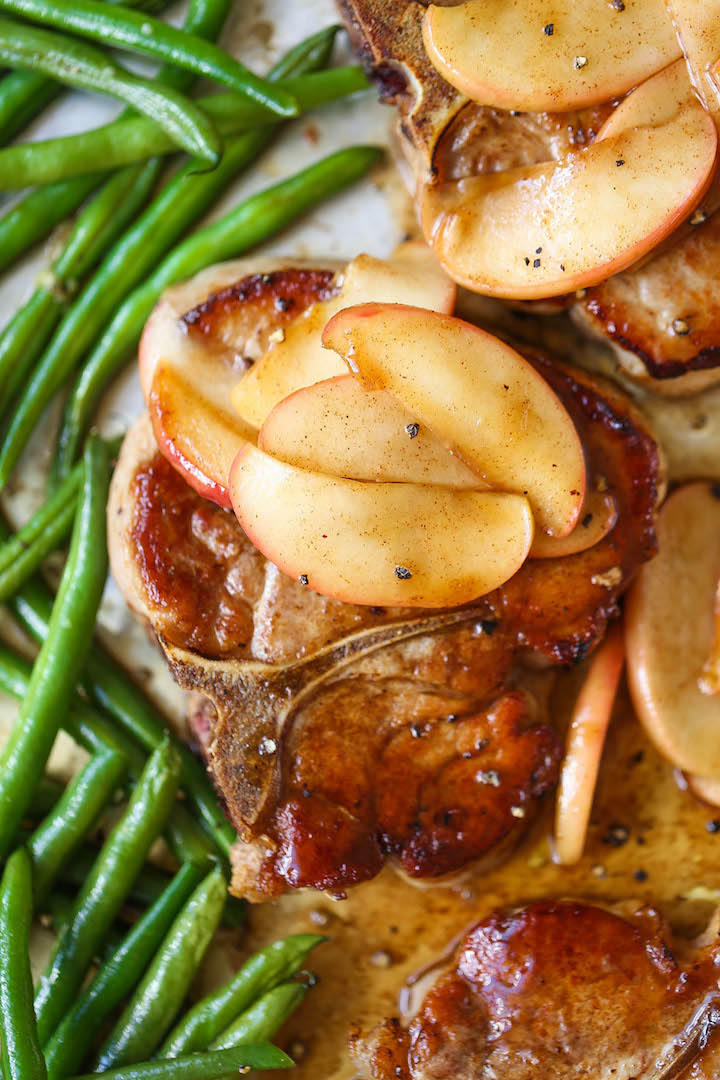 Baked Apple Pork Chops and Green Beans - A quick and easy sheet pan dinner that can be assembled ahead of time and baked right before serving. Easy peasy!