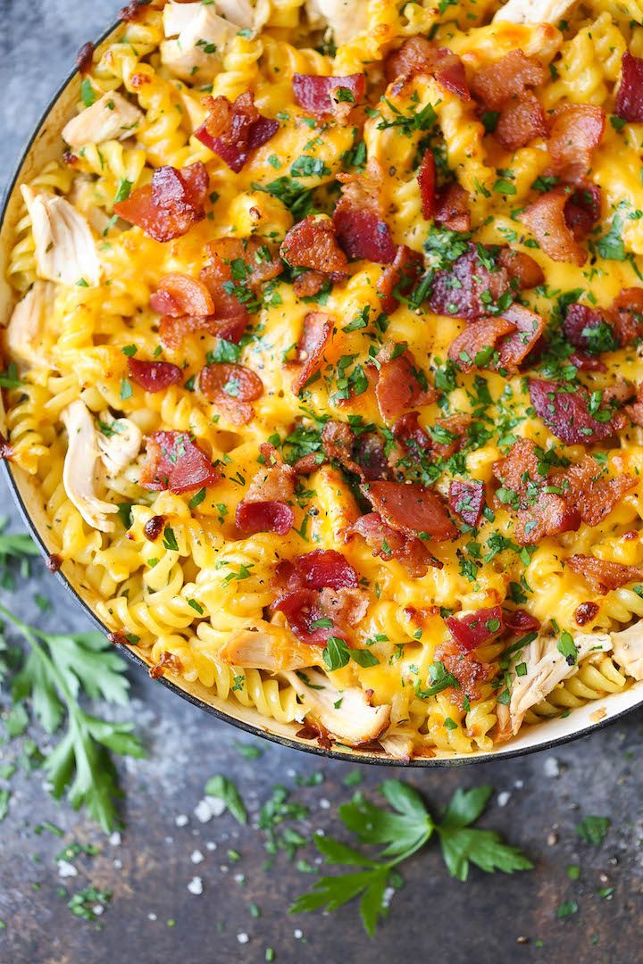 One Pot Chicken Ranch Pasta - This cheesy baked pasta comes together so effortlessly in ONE PAN, topped with crisp bacon. It just doesn't get any better!