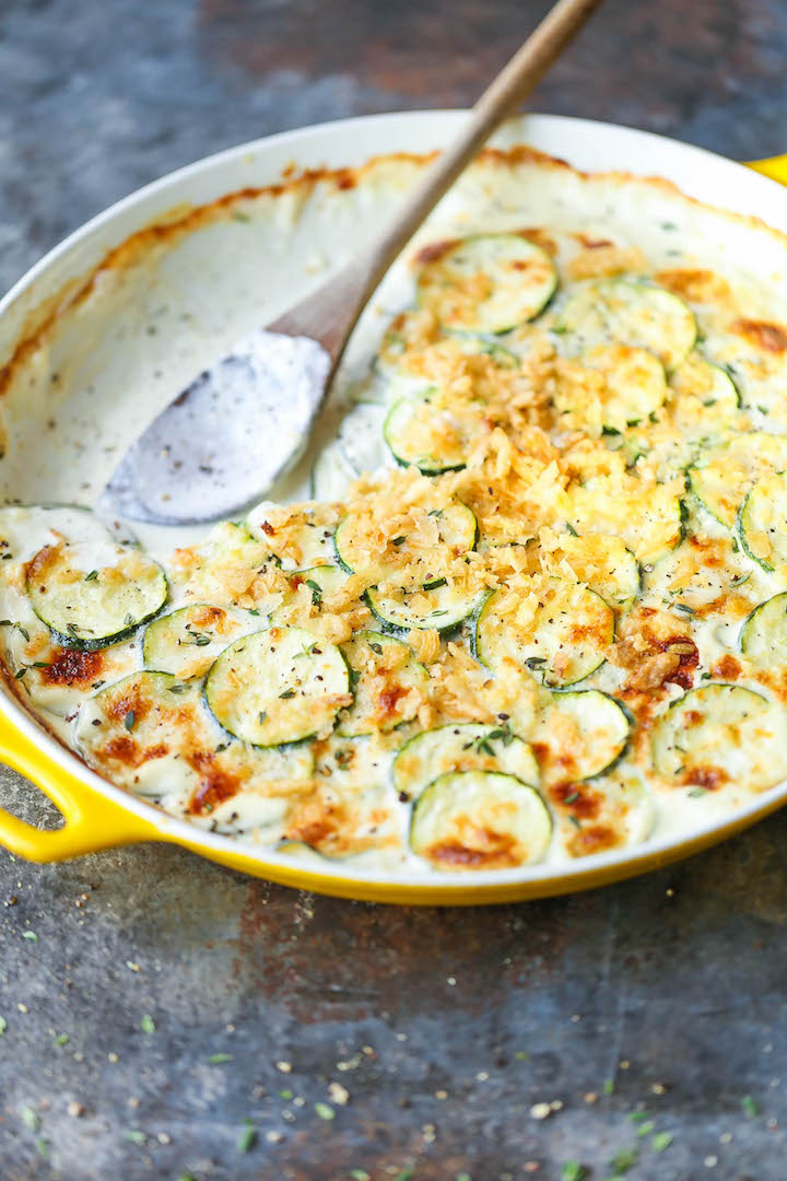 Cheesy Zucchini Gratin - Wonderfully rich and creamy with the best crisp/crusty topping! Plus, it's WAY HEALTHIER than the traditional potato gratin!!
