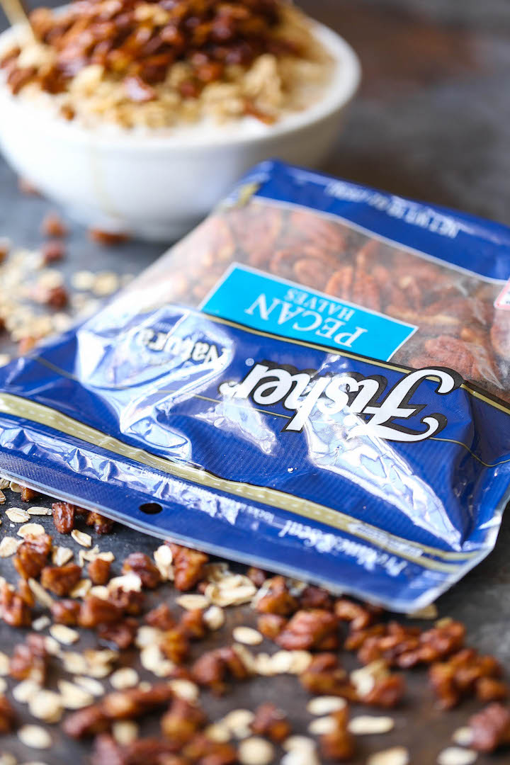 Pecan Pie Overnight Oats - A lighter, HEALTHIER take during the holidays! You can prep everything ahead of time. Just serve into a bowl and top with pecans!