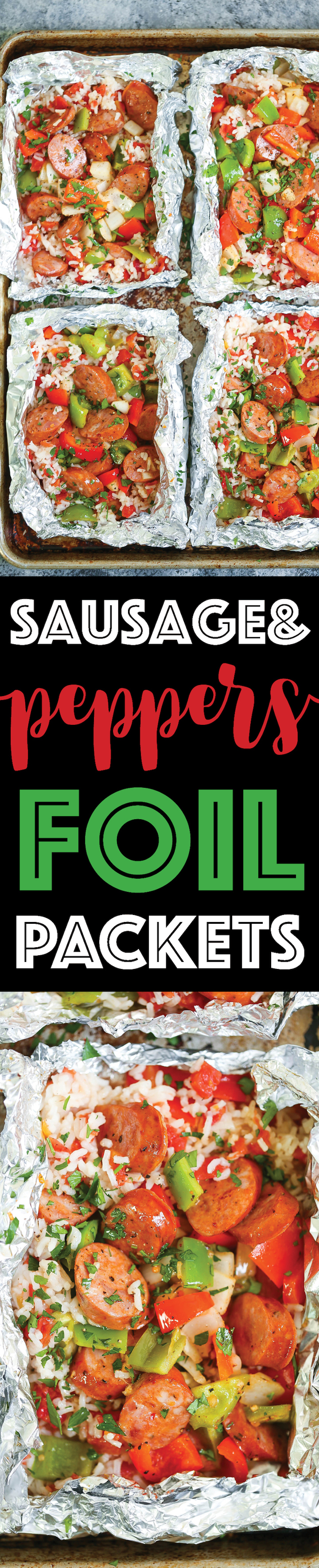 Sausage and Peppers Foil Packets - Prep ahead of time and portion these into individual servings! Loaded with sausage, peppers, rice and cajun seasoning!!!