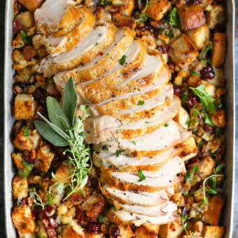 Sheet Pan Herb Roasted Turkey and Cranberry Pecan Stuffing