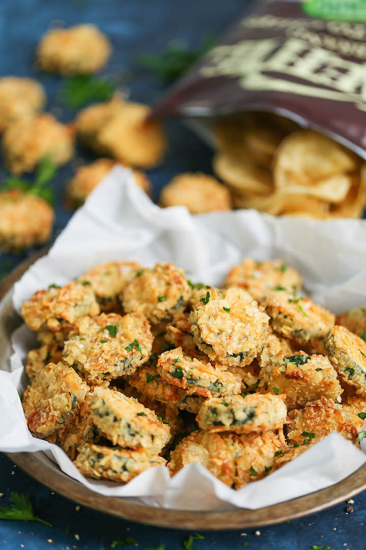 Baked Zucchini Chips - The best zucchini chips EVER! They are perfectly seasoned and perfectly crunchy and crisp even though these are completely BAKED! You will not even be able to tell the difference. Promise!