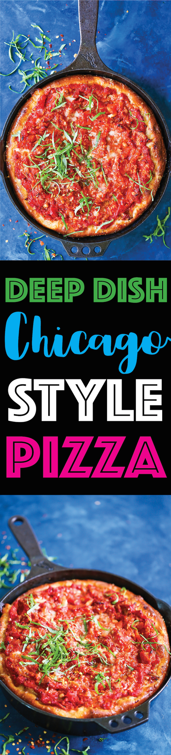 Deep Dish Chicago Style Pizza - Now you don't have to go all the way to Chicago for a deep dish pizza! The crust is perfectly golden brown, the chunky tomato sauce is completely homemade, and a fresh layer of ooey gooey mozzarella cheese is simply the best combination ever!