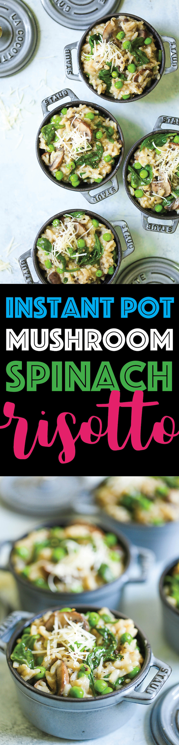 Instant Pot Mushroom Risotto - I promise, this is the EASIEST risotto you will ever make right in your pressure cooker without any stirring or any kind of fuss! The risotto comes out perfectly – amazingly rich and creamy, loaded with mushrooms, spinach, peas and freshly grated Parmesan!